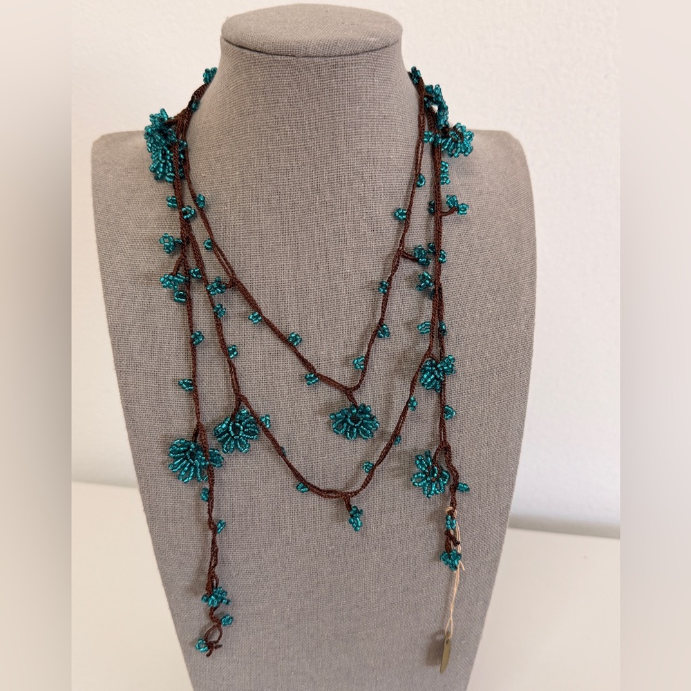 Collectable Traditional Turkish Oya Boncuk Teal & Brown Hand Beaded Necklace